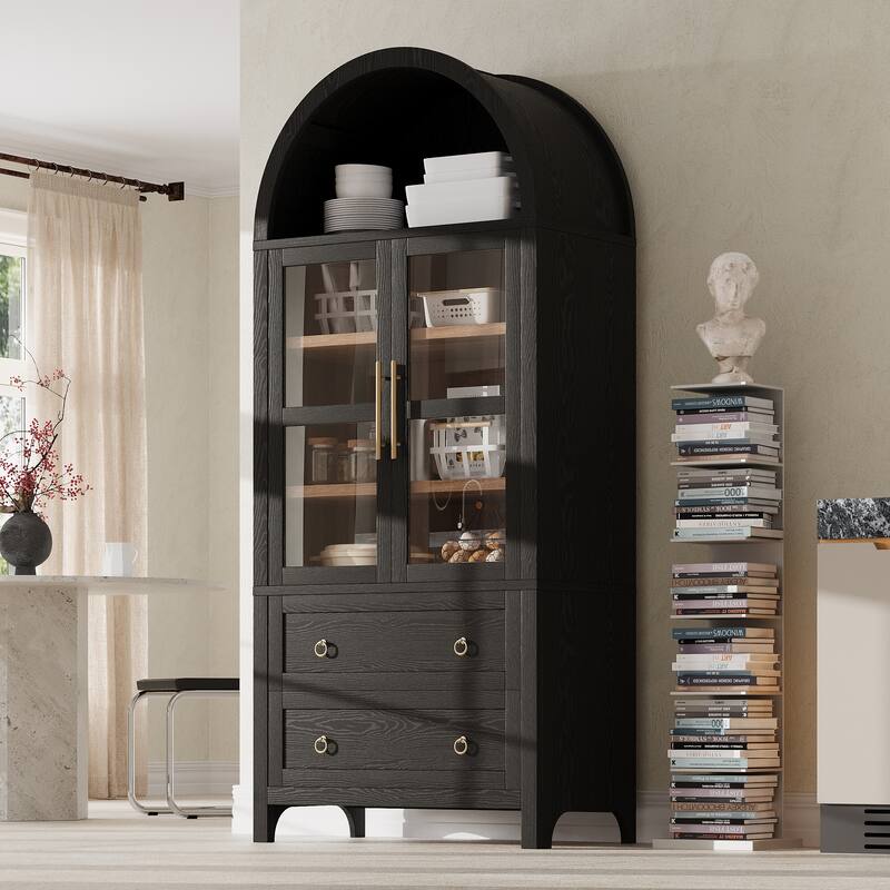 Anmytek 71" Arched Tall Pantry Cabinet, Glass Doors & 2 Drawers, Modern Farmhouse Storage Cupboard, Black - Black