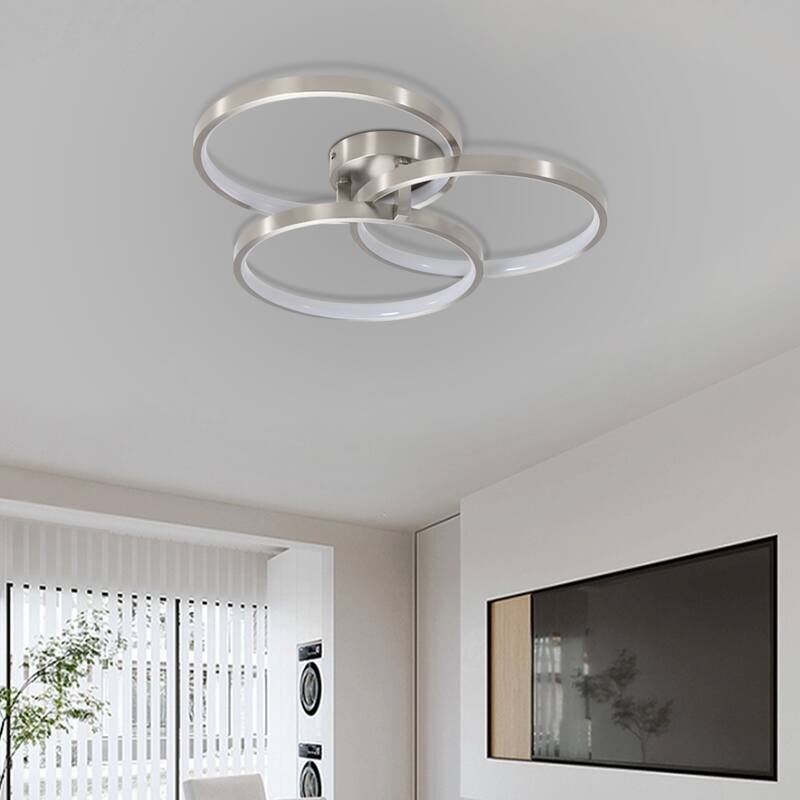 20" Modern LED Ceiling Light Fixture - Circular 3-Ring Design, Dimmable, Contemporary Brushed Nickel Finish for Living Room