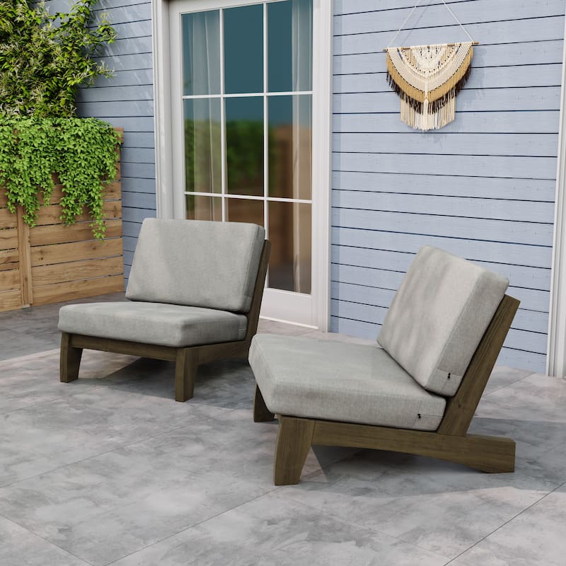 Outdoor Teak Wood Armless Lounge Chair Set Loveseat with Cushions - 2 chairs - Light Camel