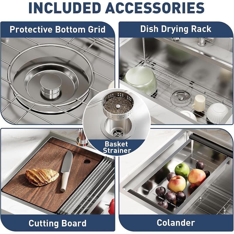 23"X18"X10" Undermount Kitchen Sink with Built-in Accessories for Kitchen Countertop Installation