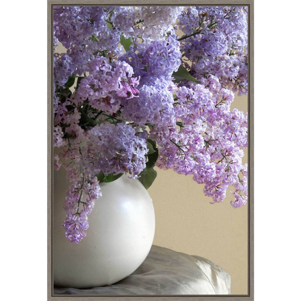 Lilac Flowers in Vase (White Vase) by Anna Miller Framed Canvas Art