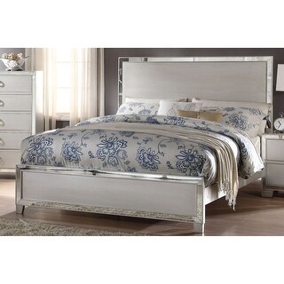 Modern Style Voeville II Panel Bed with Upholstered Panel Wooden Headboard and Mirror Inlay Trim
