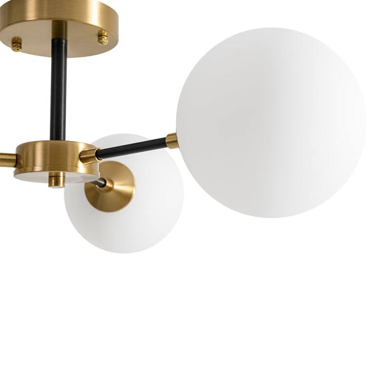 3-Light Brass Black Frosted White Glass Sputnik Semi Flush Mount - 26 Inches