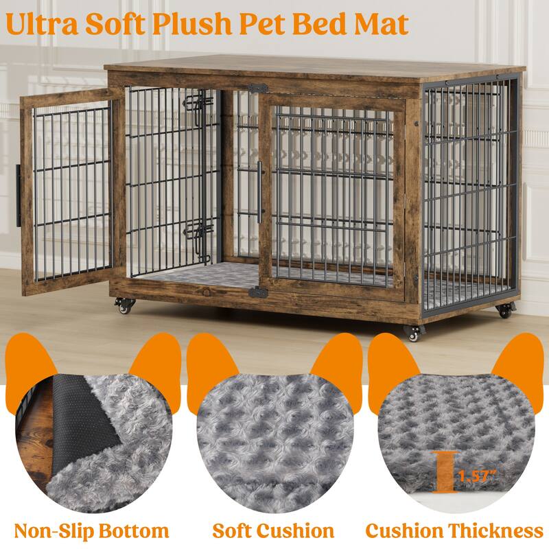 Dog Crate Indoor Heavy Duty Double Doors Wooden Dog Cage with Cushion