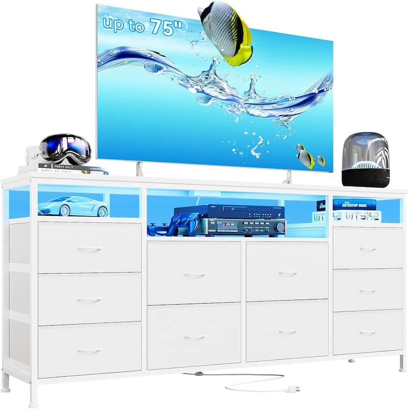 63.3 Inch Black Dresser for Bedroom, 10 Drawer Dresser TV Stand - White