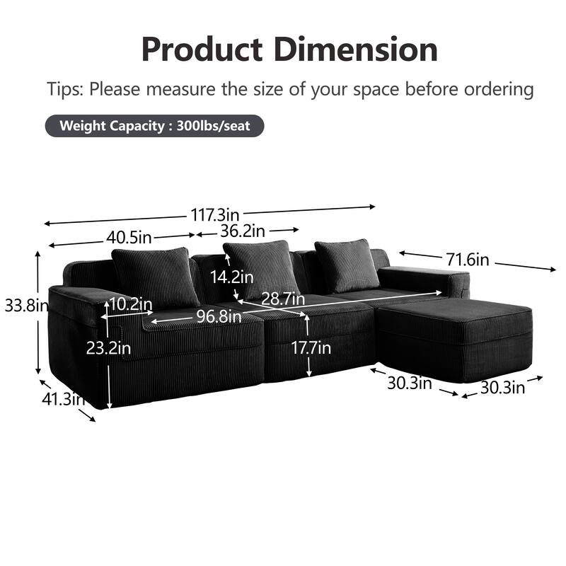 GDFStudio - Corduroy Modular 3-Seater 117.3" L-Shaped Boneless Cloud Sofa