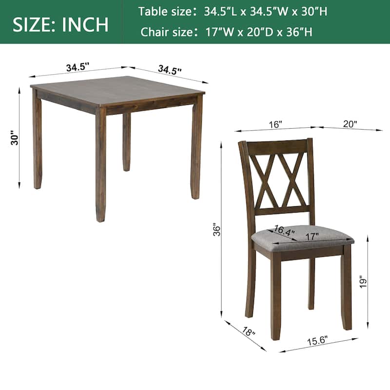 5-Piece Dining Table Set w/Square Table and 4 Upholstered X-Shaped Backrset Chair for 4 Person, Modern Style Wooden Table Set