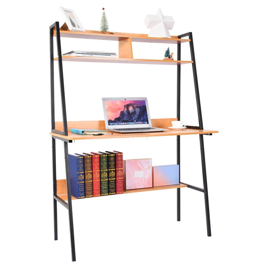 39 Inch Computer Desk Study Laptop PC Table Upper Lower Storage Shelves Bookshelf Space Saving Work Gaming Brown