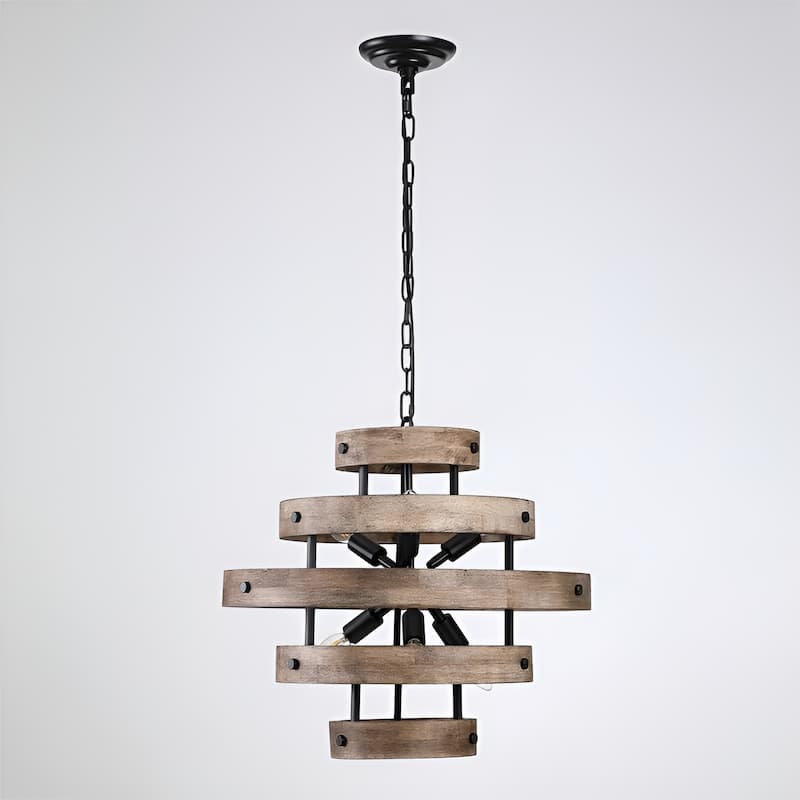 6 Light Wood Lantern Japonese Natural Eco Geometric Ceiling Lamp