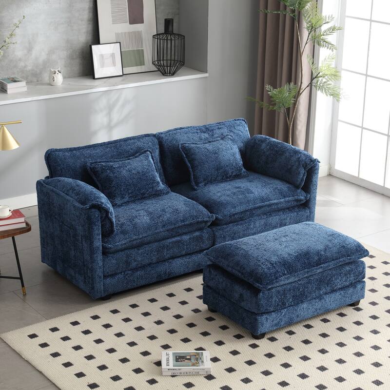 Chenille Double Sofa with Footstool, Removable Arms