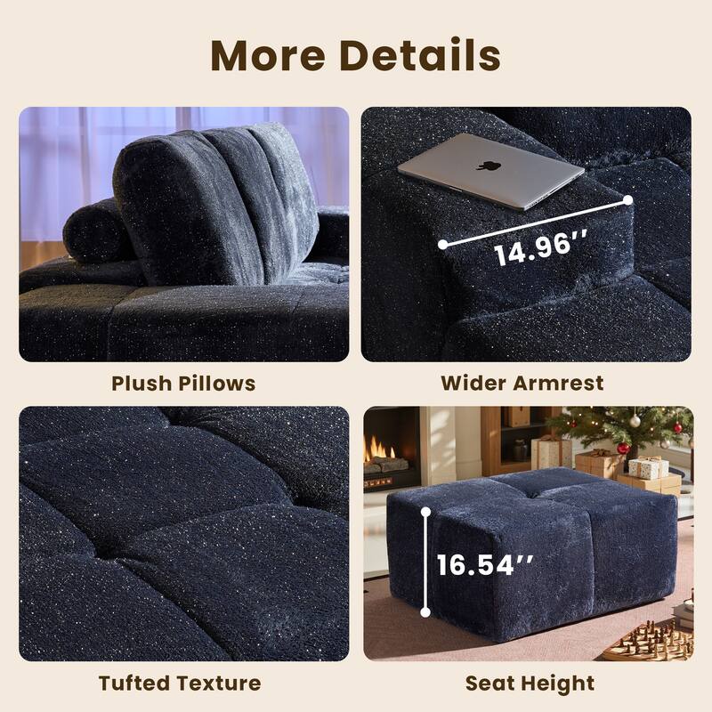 HOOOWOOO Modern Sparkly Velvet Fabric Chaise Sofa Couch with Ottoman