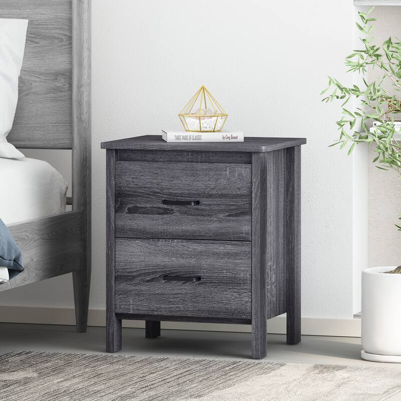 Faux Wood Finish Cupboard Cabinet, Bedroom Nightstand Living Room Display Cabinet with 2 Drawers, Chest Storage Side Bedside