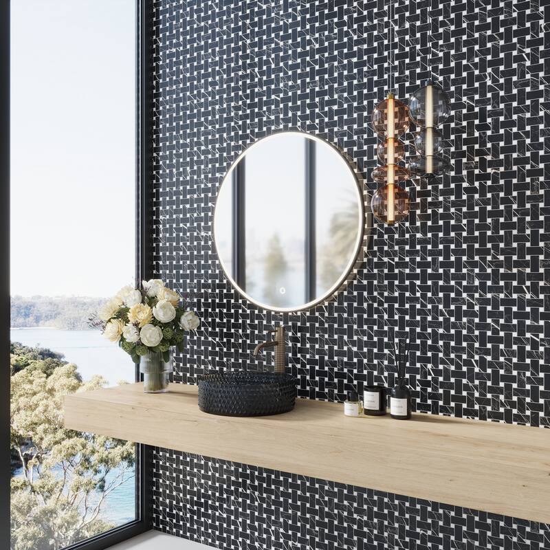 Regalia 12x12 in. Matte Gres Porcelain Basketweave Mosaic Wall and Floor Tile (5.82 sq ft/case, 6-Pack) - Nero Black, White