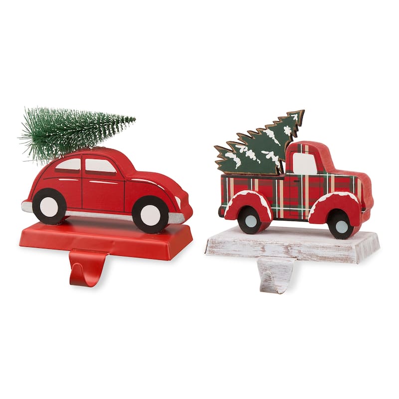 Glitzhome Christmas Dachshund Reindeer Red Car Stocking Holders Rustic Mantel Ornament