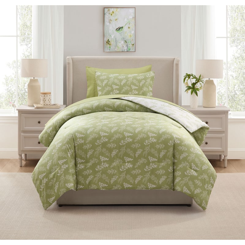Empyrean 7 Pc Botanical Comforter Set with Sheets, Soft Breathable Lightweight Bedding Bag - Sage Green/Off White - Twin