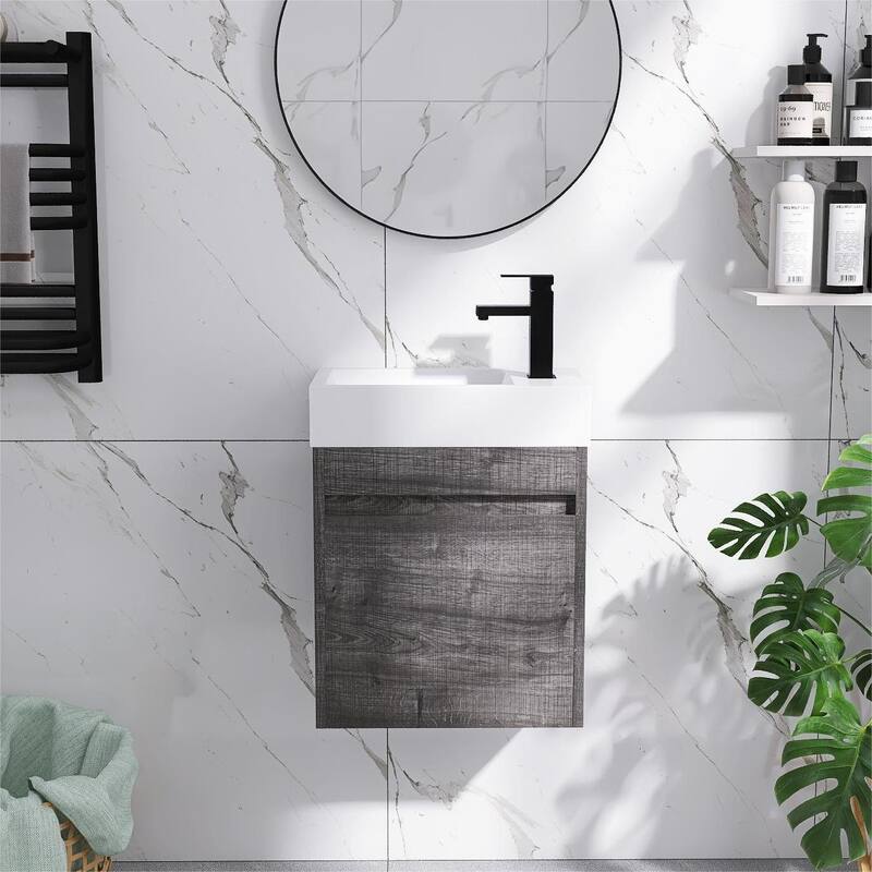 Bathroom Vanity With Sink In 16/18/23 Inch, Floating/Freestanding Bathroom Vanity With Soft Close Door - 18.1"W-Resin Sink - Plaid Grey Oak