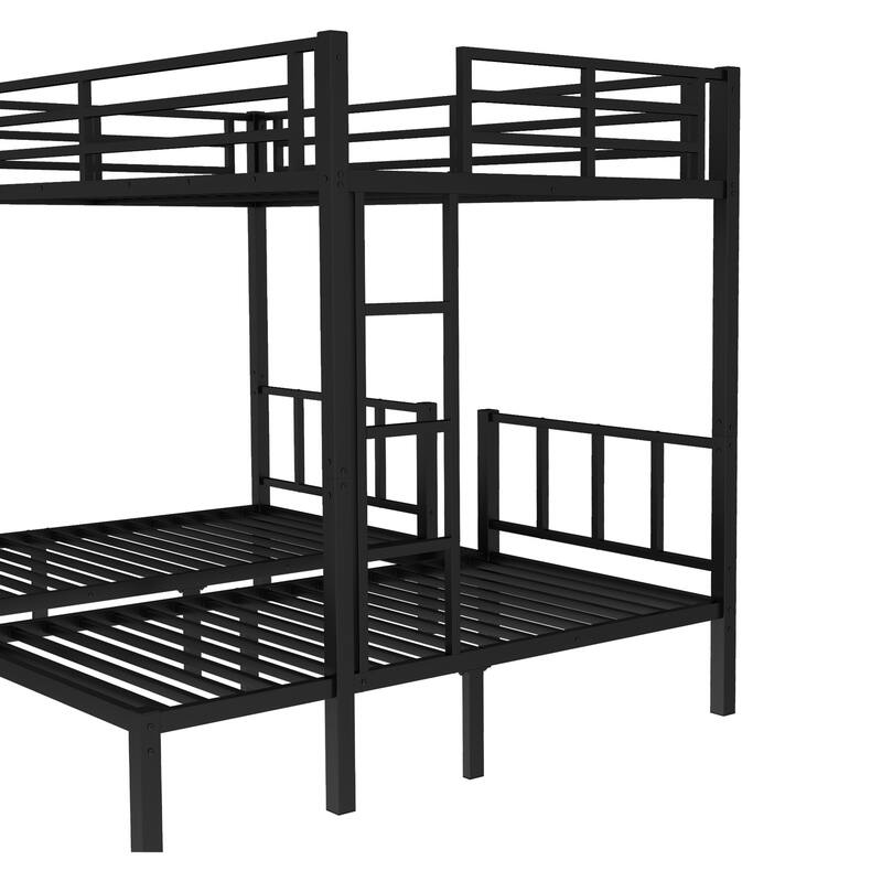Space-Saving Metal Triple Bunk Bed with Safety Guardrails, Twin over Twin & Queen, Noise Reduced, Black