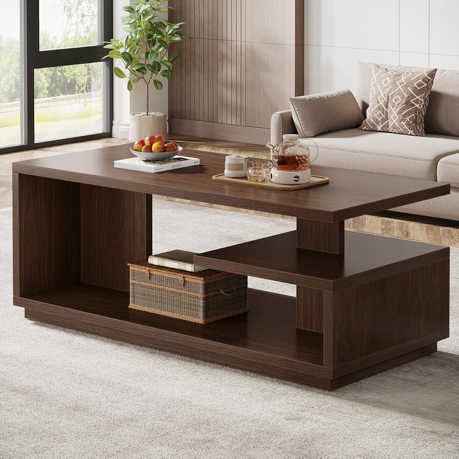 47.24 Inches Coffee Table with Storage Shelf, 3 Tiers Wooden Tea