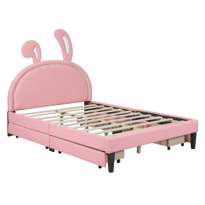 Full Upholstered Leather Platform Bed, Cute Bed Frame w/ RabbitShape