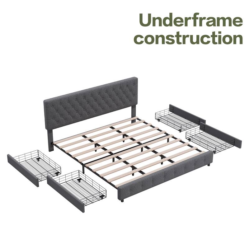 Linen Upholstered Headboard Bed Frame with Large Hidden Storage, 4 Underbed Drawers with Pulleys