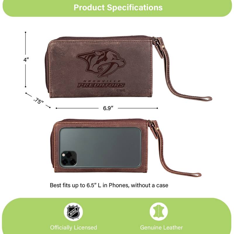 Brown Leather Cell Phone Wristlet Wallet, Nashville Predators - 4" x 7"