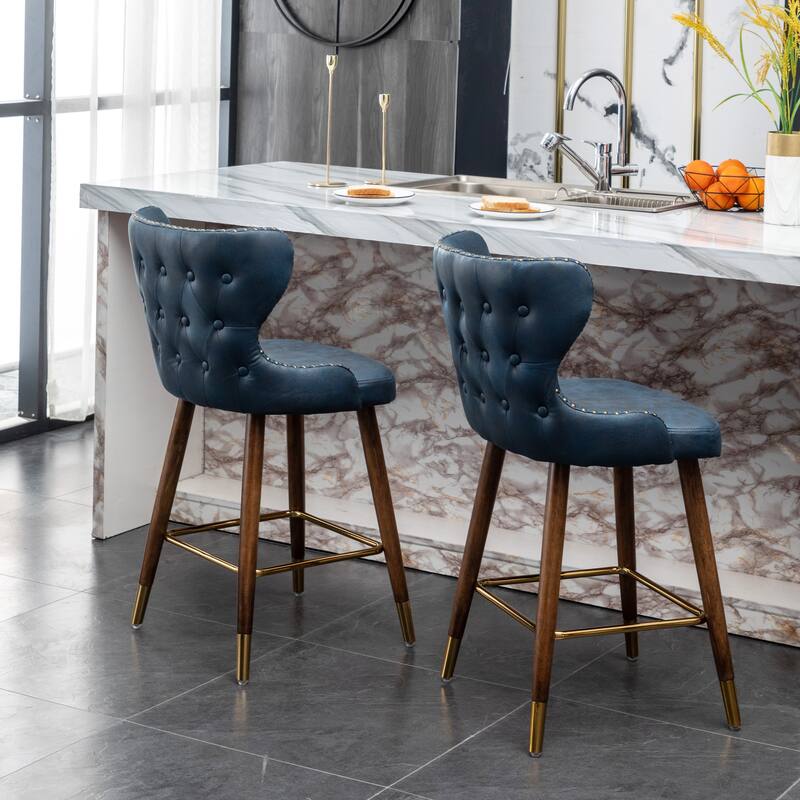 Stylish and Comfortable Counter Stool Set with Tufted Back and Nailhead Trim, Perfect for Any Kitchen or Bar Area.
