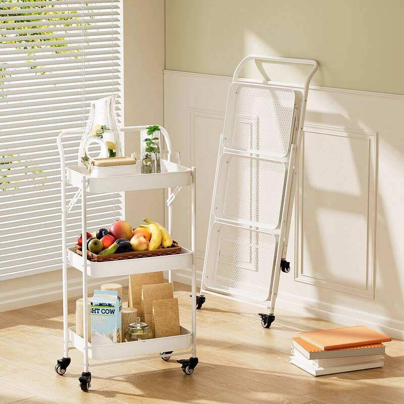Foldable Rolling Cart, 3-Tier Metal Folding Storage Utility Carts