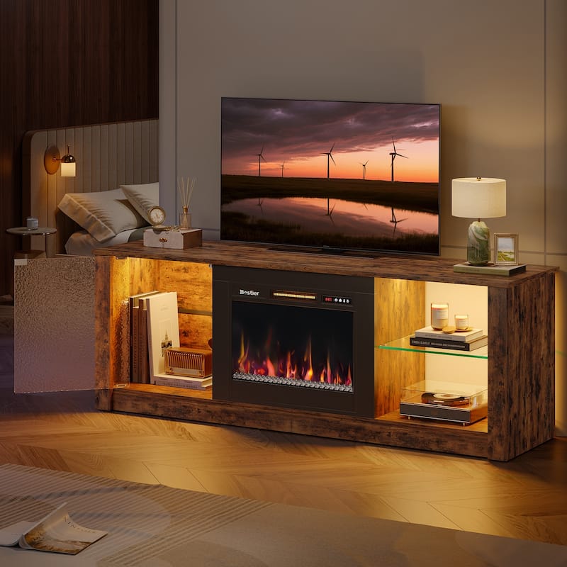 Bestier Fireplace TV Stand with 23" Electric Fireplace for TVs Up to 70 inch, LED Entertainment Center with Adjustable Shelf