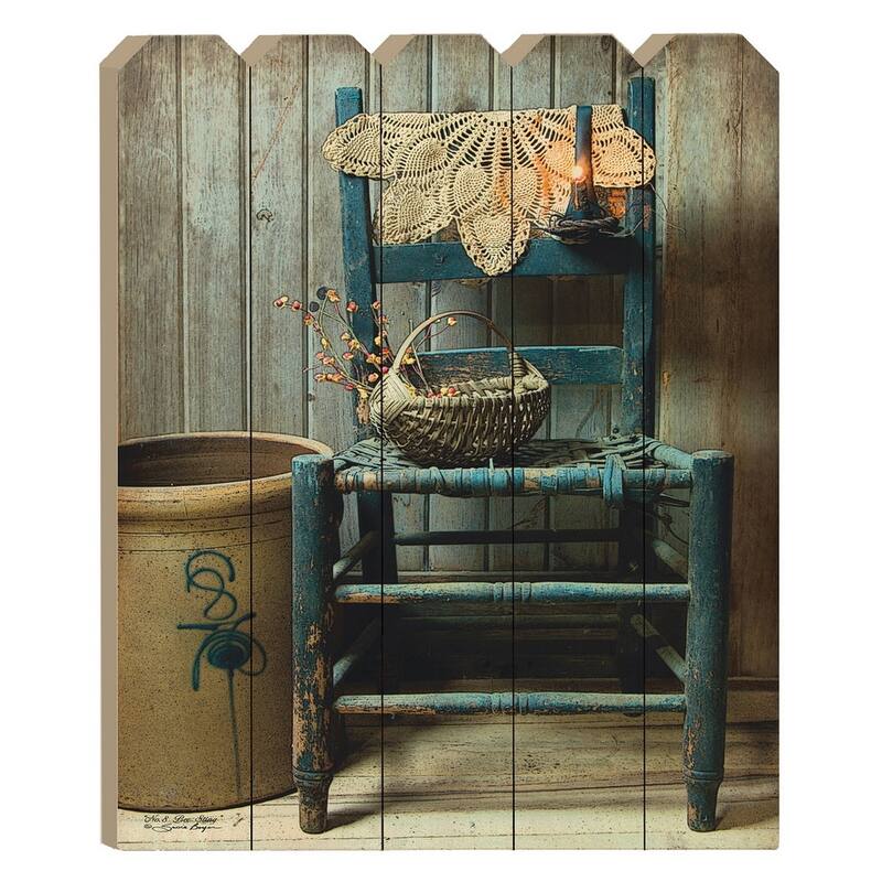 TrendyDecor4U Farmhouse "This Old Chair" Printed Wall Art on a Wood Fence by Susie Boyer - Blue, Natural - 20 x 15