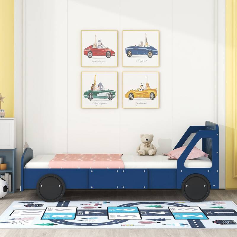 Twin Size Car-Shaped Platform Bed with Wheels - Blue