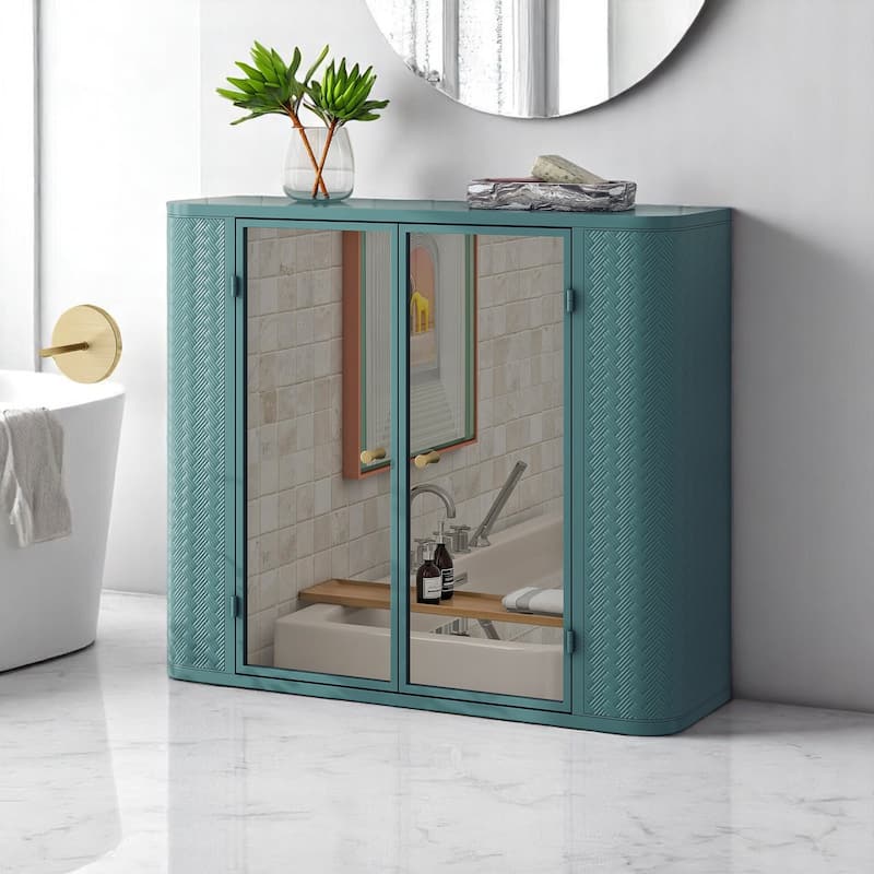 Farmhouse Wall Bathroom Storage Cabinet with Mirror Doors and Open Compartment, Steel Frame, Powder Coated - Green