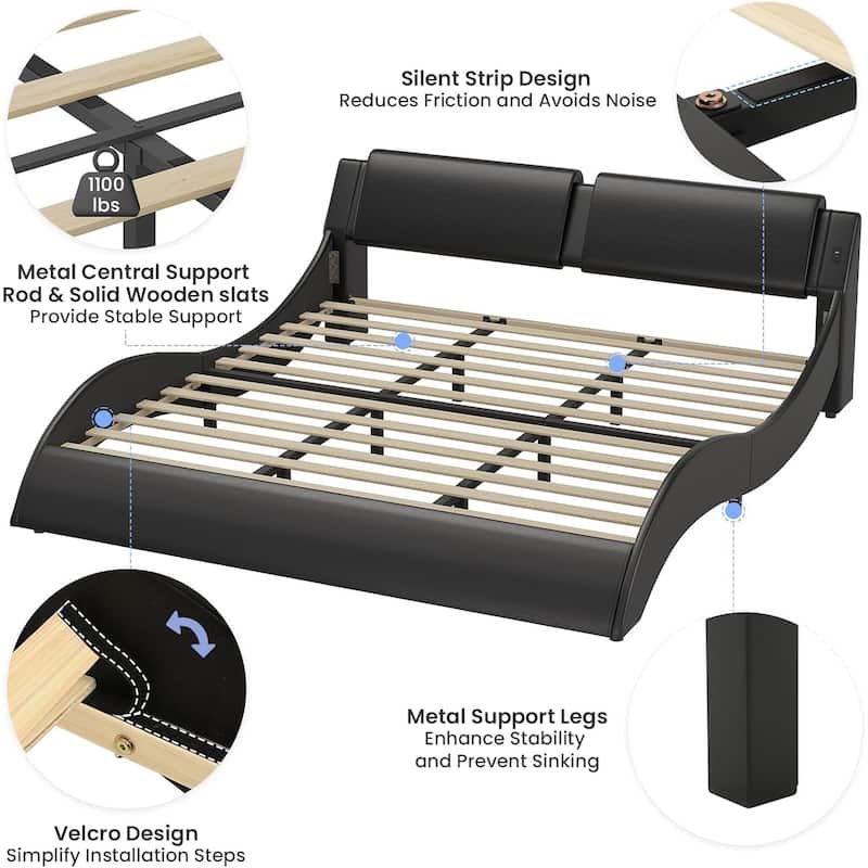 Bed Frame with Headboard Charging Ports Low Profile Platform Bed LED Lights Wave Curve