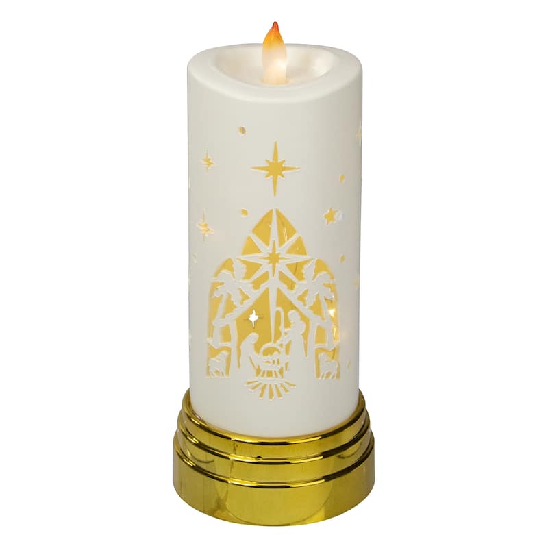 9" Gold and White Nativity Scene Flameless Candle