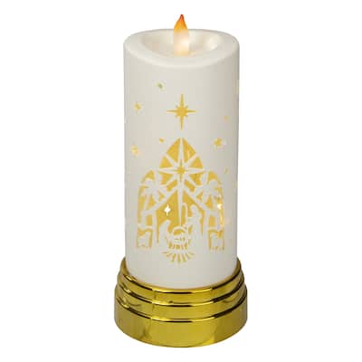 9" Gold and White Nativity Scene Flameless Candle