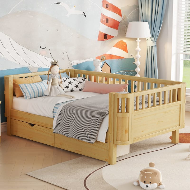 Wooden Kids Bed with 2 Storage Drawers, Guardrails and Removable Side Rail, Rounded Corners Frame Montessori Bed, Toddler Bed