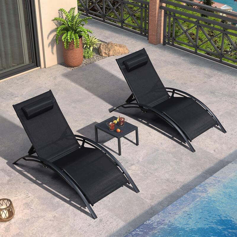 PURPLE LEAF Patio Chaise Lounge Set Outdoor Beach Pool Sunbathing Lawn Lounger Recliner Chair Side Table Included - Oversize(Black)