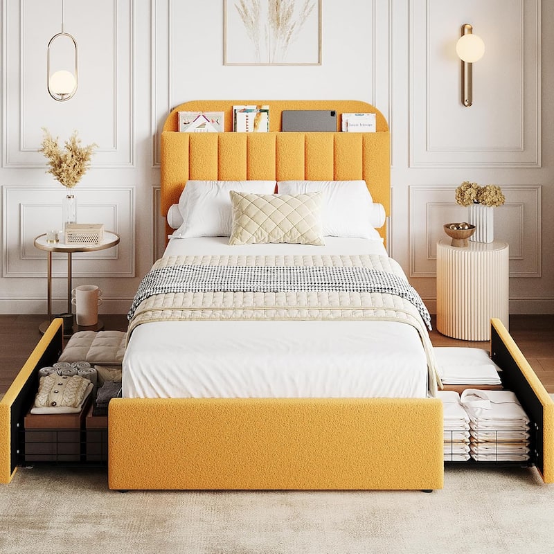 Bed Frame with 2 Drawers, Boucle Upholstered