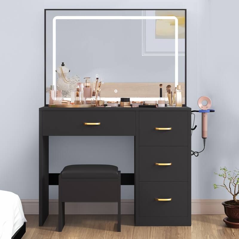 Moasis 54"Black Makeup Vanity Table Cushioned Stool Vanity Desk Set
