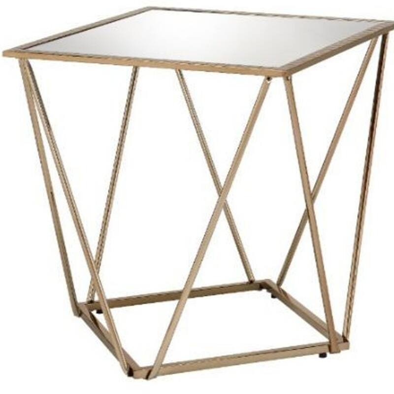 24" Square Mirrored Glass End Table with Champagne Metal Base for Living Room or Bedroom Decor - 22"L x 22"W x 24"H