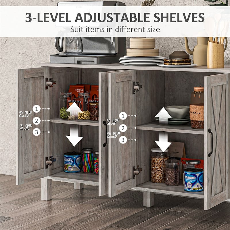 Wood Buffet Cabinet with 4 Barn Doors and 2 Adjustable Shelves - N/A