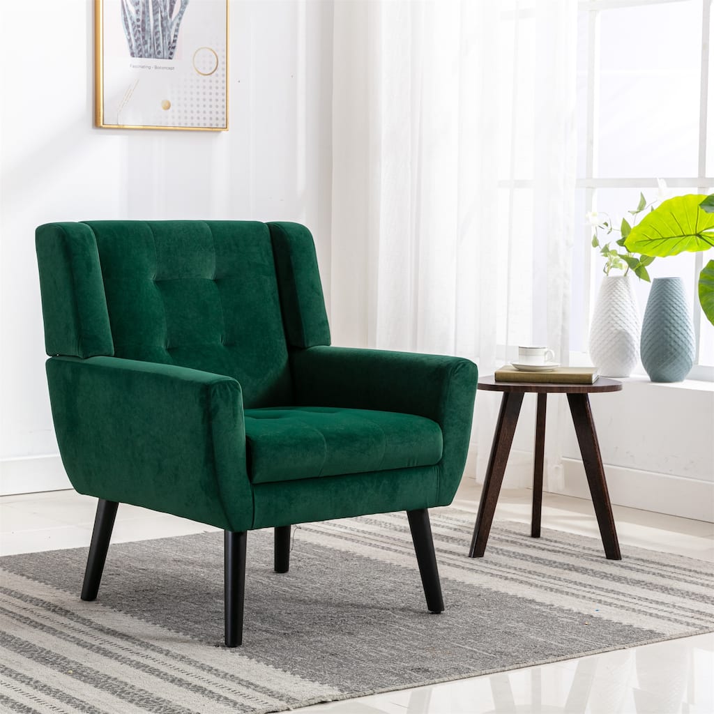 Retro Green Velvet Modern 29.53" Upholstered Buttons Tufted Accent Chair with Black Solid Wood Legs