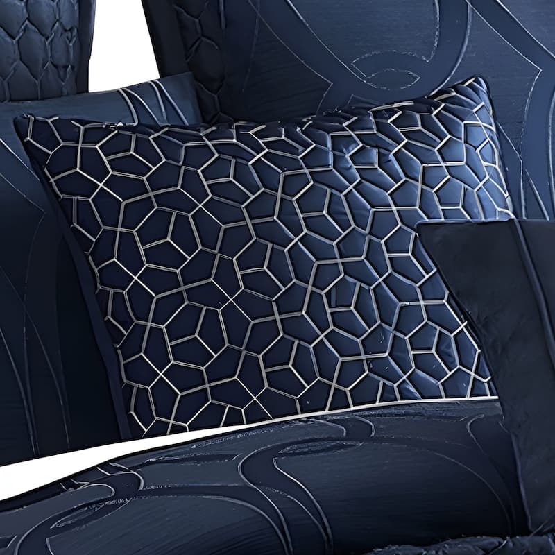 10 Piece King Polyester Comforter Set with Geometric Oblong Print, Dark Blue