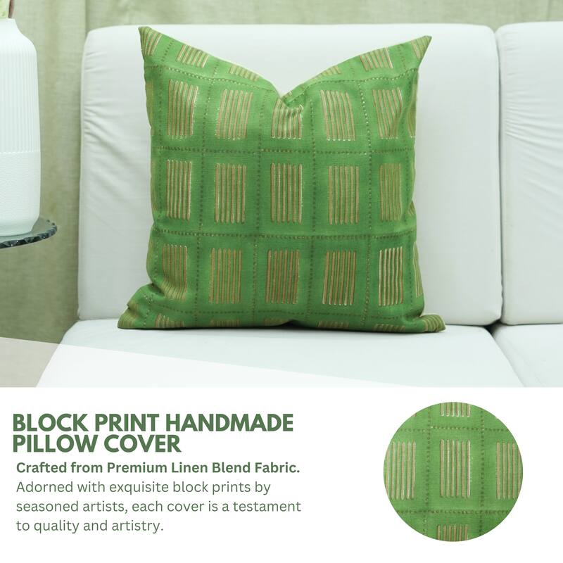 Fabdivine Block Print Cushion Cover 20x20 Inch Farmhouse Stripted Sofa Couch Chair Summer Gift Linen, Green Pillowcase, Yug
