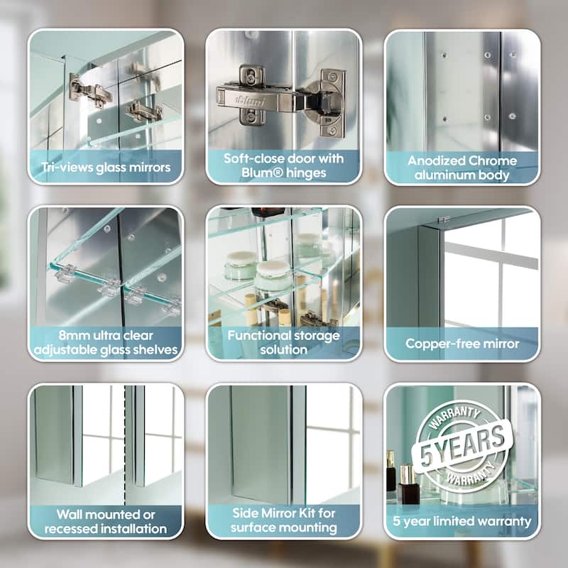 30'H Bathroom Recessed or Surface Wall Mount Medicine Cabinet With Adjustable Glass Shelves