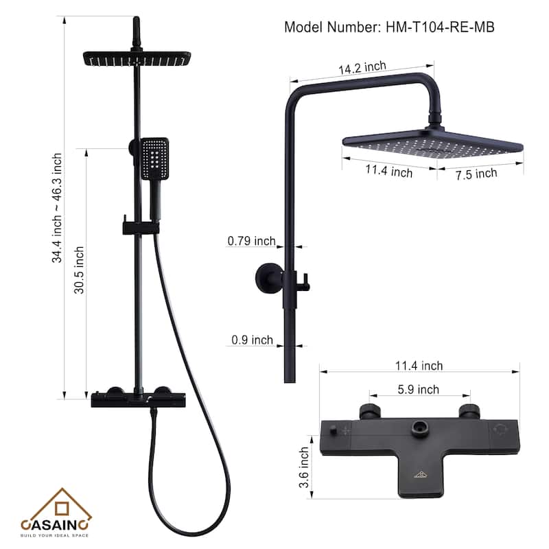 3-Spray Patterns Tub and Wall Mount Thermostatic Rain Shower Faucet with Handheld Shower Head Combo - 11.4" x 7.5"