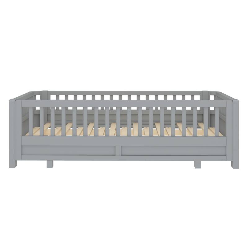 Twin XL/Twin Size Platform Bed with Guardrails, Converts to Queen Size Solid Wood Frame