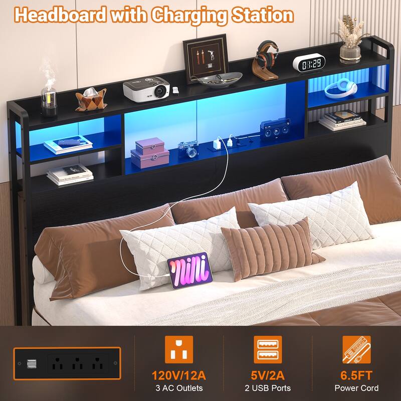 Storage Headboard with USB Port and Power Outlet, Head Board with LED Light for Bed Frame