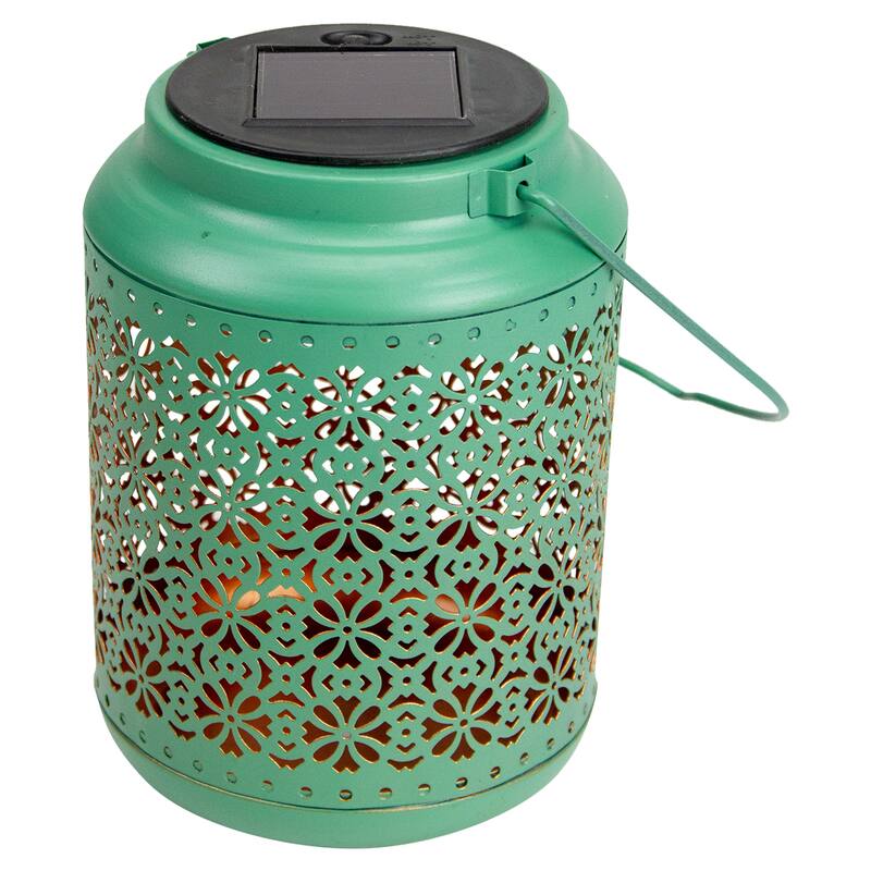 7" Green Integrated Floral Pattern Outdoor Solar Lantern with Handle - 5