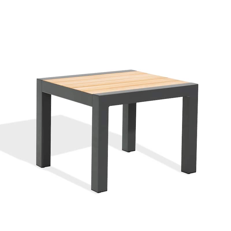 Outdoor Side Table Aluminum Patio End Table with Teak Wood - Black