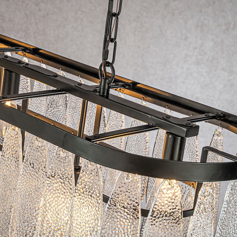 CraftHome 5-Light 39'' Matte Black Rectangle Elegant Vintage Textured Glass Chandelier Art Glass For Ktichen Island - W39''